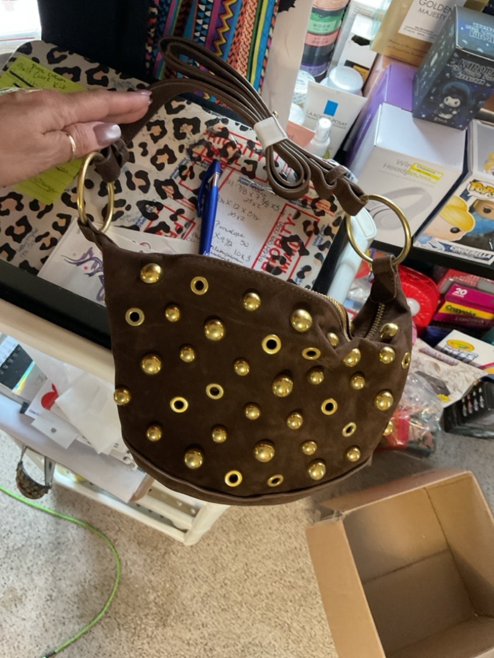 Brown Studded Suede Crossbody Bag